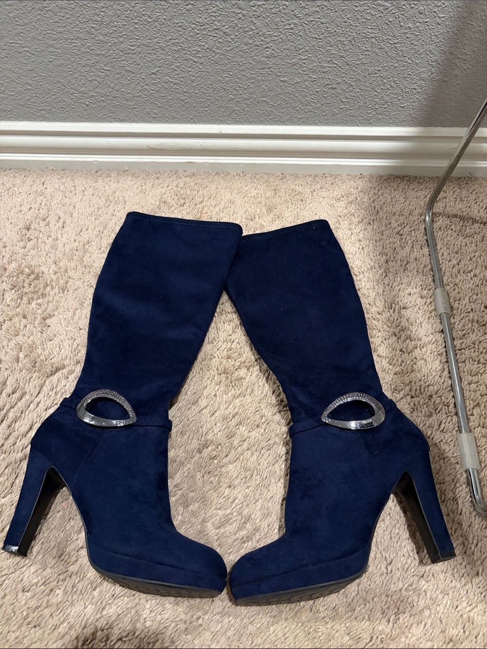 Women’s Navy Suede High Heel Knee Boots with Decorative Buckle